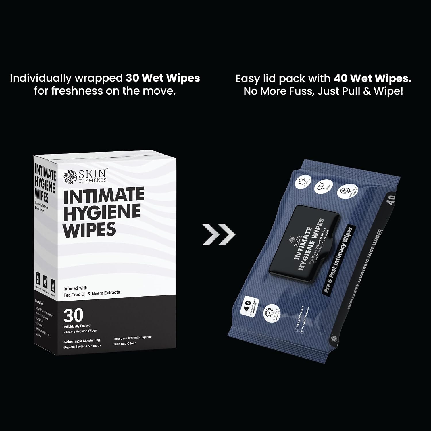 Skin Elements Intimate Hygiene Wipes | Unisex | pH balanced Wipes | Tea Tree Oil & Neem Extracts | 30 Individual Wipes | Pre and Post Intimacy - Image 2