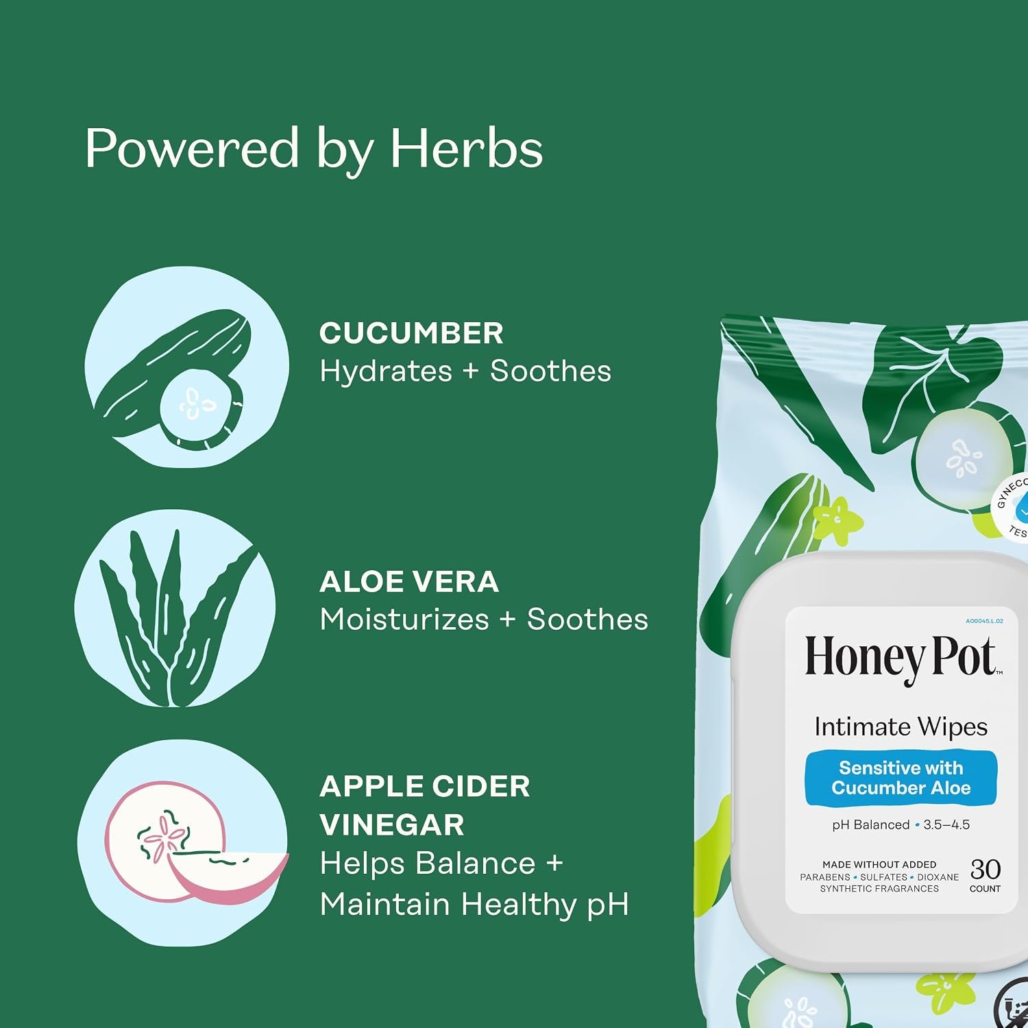 The Honey Pot Company - Sensitive w/Cucumber Aloe Feminine Hygiene Wipes - pH Balancing, Herbal Infused Plant-Based Feminine Care for Sensitive Skin - Cleansing Wipes for Women - 30ct - Image 3