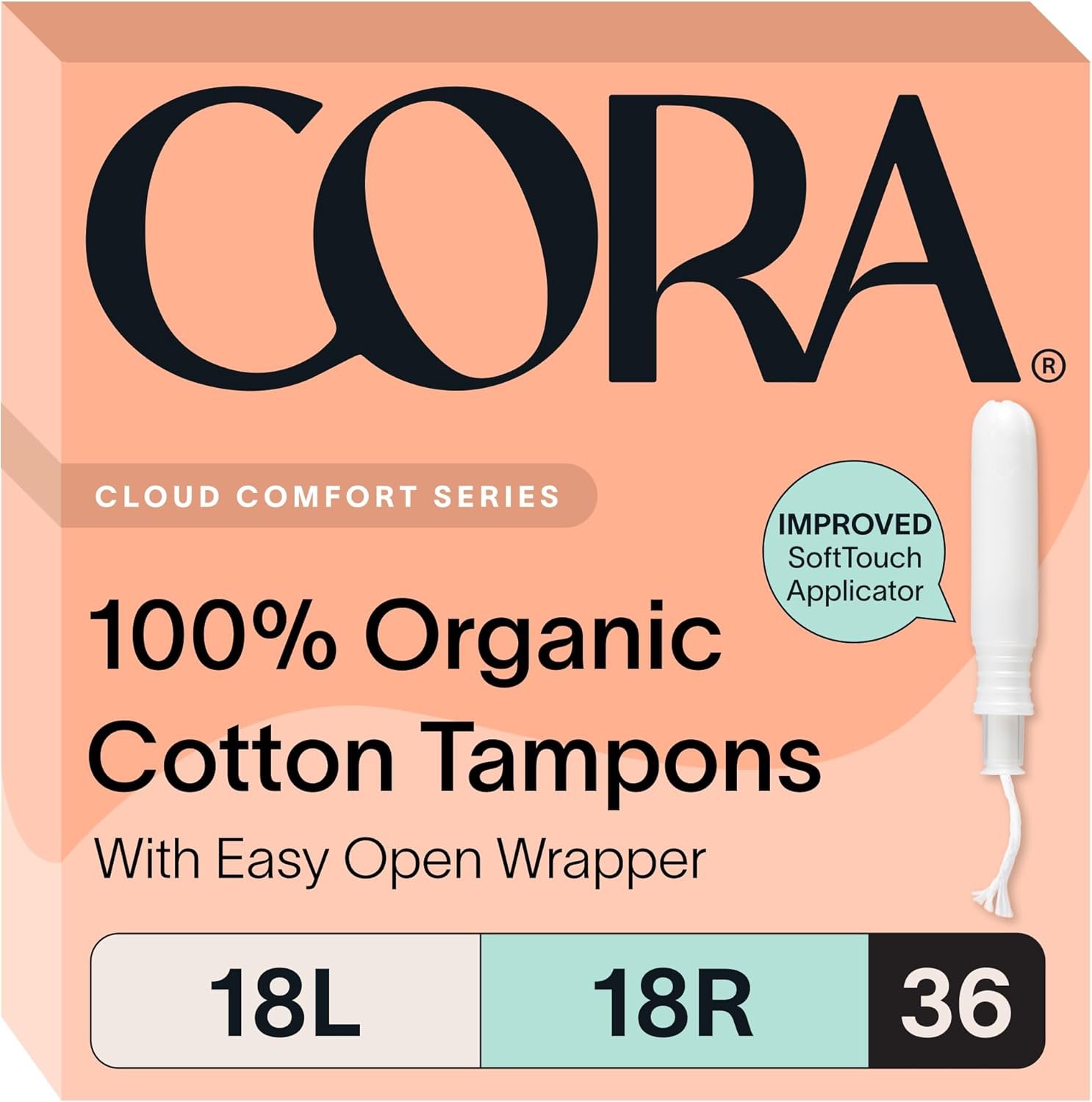 Cora Organic Cotton Tampons Multipack (18 Light, 18 Regular Tampons)