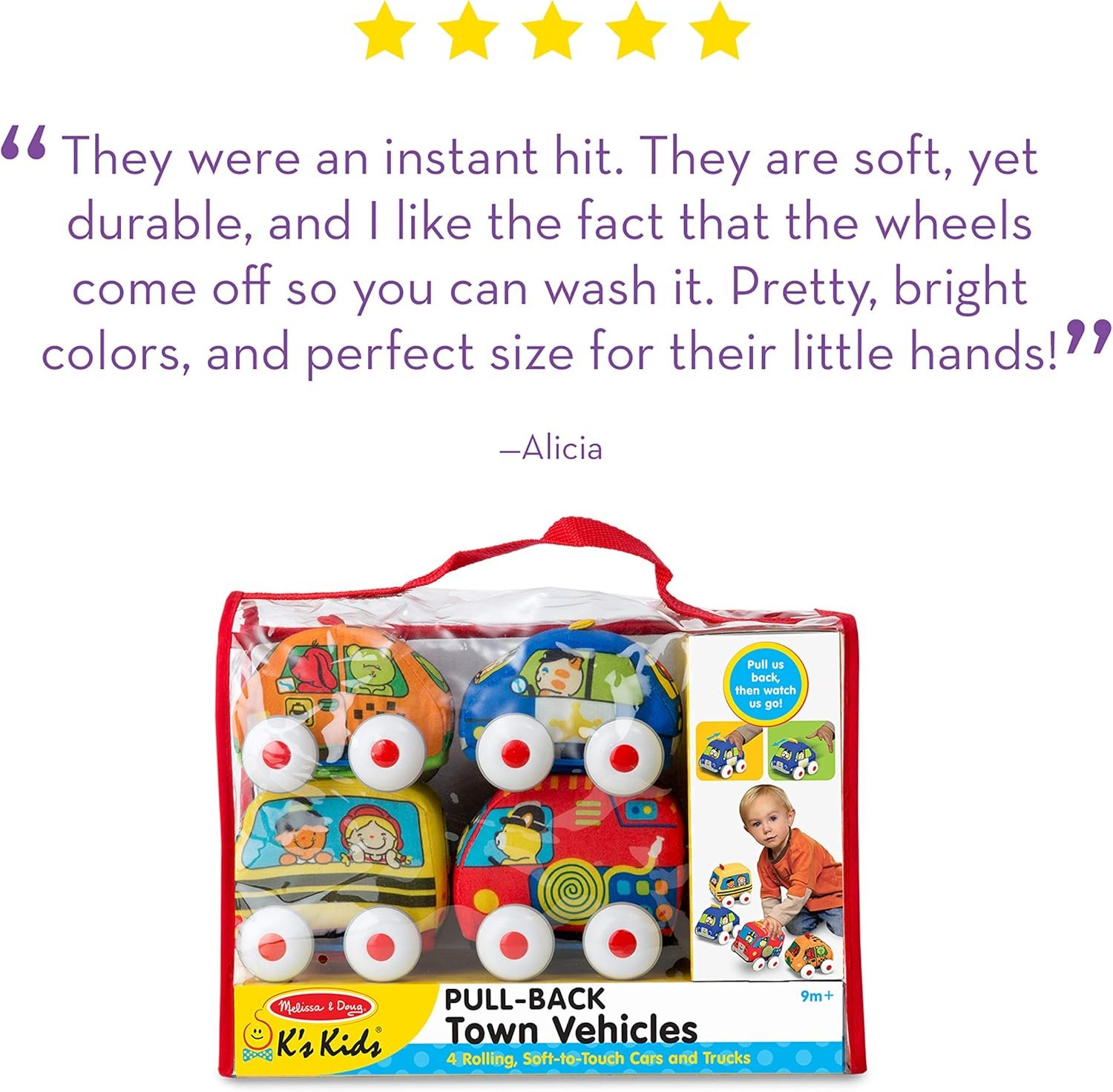 Melissa & Doug K's Kids Pull-Back Town Vehicle Set - Baby Toys Set with 4 Soft Toy Cars and Trucks, Surface Washable with Removable Wheels, Learning Toys for Babies and Toddlers - Image 5