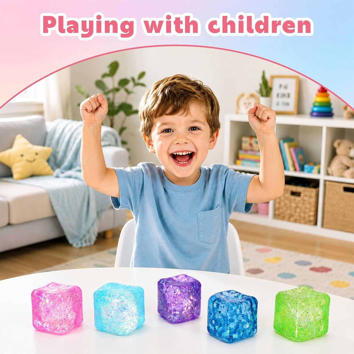 Cube Shaped Squeeze Balls, Super Solid Squishy Stress Relief Toys, Glitter Filled Squeeze Toys,Anxiety Relief Toys for Teens & Adults, Desk Fidget Decor (Blue-A) - Image 6