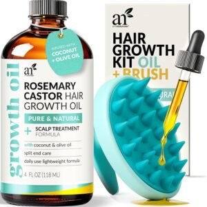 ArtNaturals Organic Rosemary Castor Hair Growth Tonic Oil + Massager Hair Regrowth Set, 4 oz with Coconut & Olive Oil, Scalp Treatment for Dry, Damaged & Split Ends