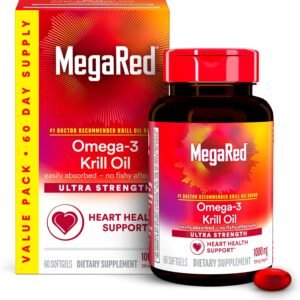 MegaRed Ultra Strength 1000mg Omega-3 Krill Oil Supplement with EPA/DHA, Astaxanthin & Phospholipids, No Fish Oil Aftertaste Supports Heart, Brain, Joint and Eye Health, 60 Count Softgels.