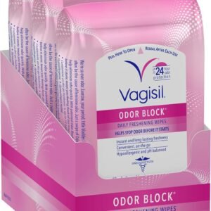 Vagisil Odor Block Daily Freshening Wipes for Feminine Hygiene in Resealable Pouch, Gynecologist Tested & Hypoallergenic, 20 Wipes (Pack of 3)