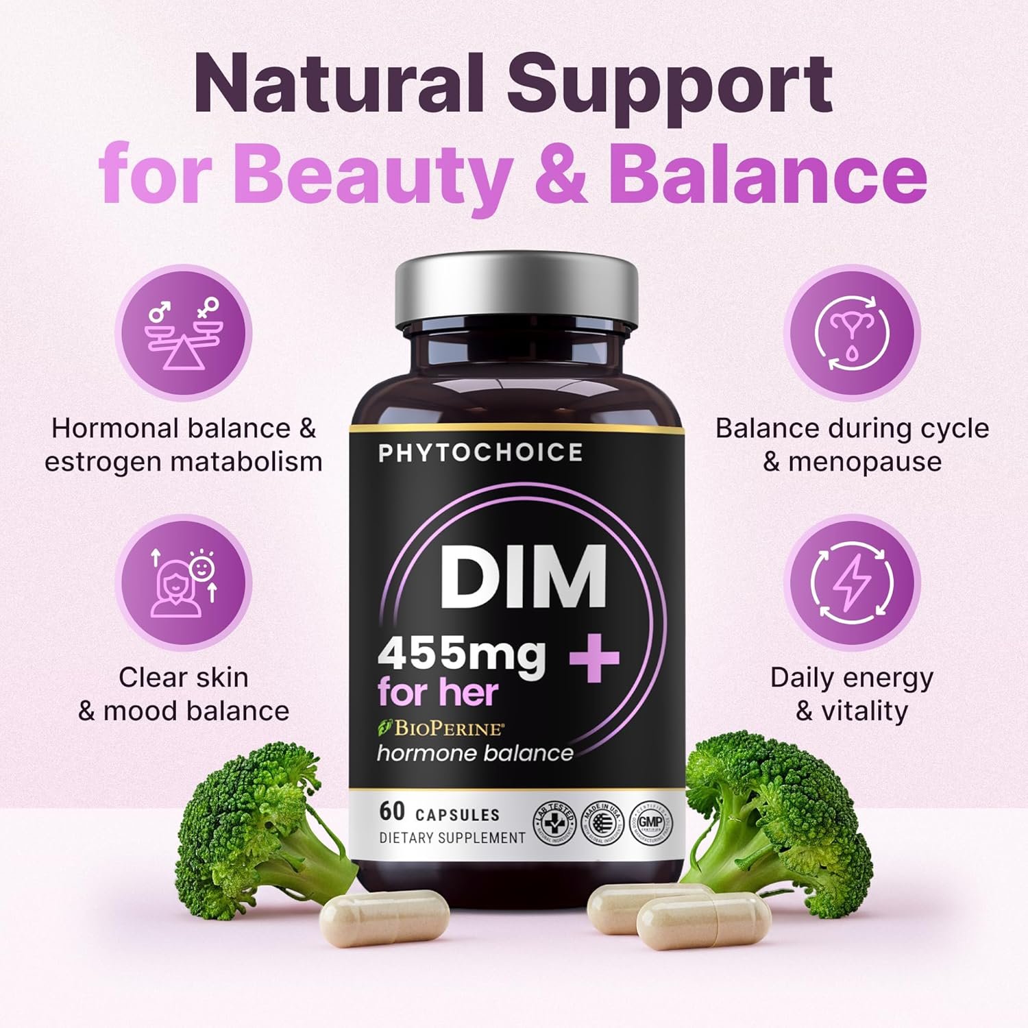 DIM for Women 350mg High Potency with BioPerine® & Broccoli Extract – 455mg Total Complex for Hormone Balance, Estrogen Metabolism, PMS & Menopause Support, Clear Skin & Women’s Wellness, 60 Capsules - Image 2