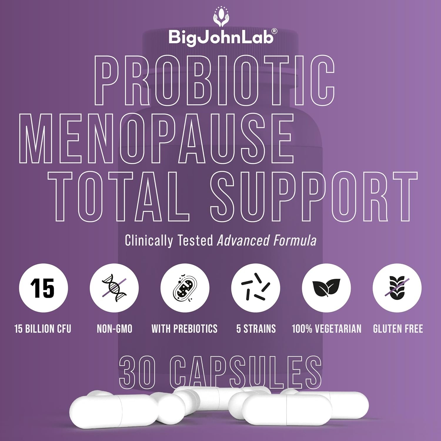 BIGJOHNLAB® - Menopause Total Support – Advanced Probiotic Formula with 5 Strains & 15 Billion CFU, Resveratrol, Black Cohosh, Acacia Fiber, Non-GMO & 100% Vegetarian - Image 5