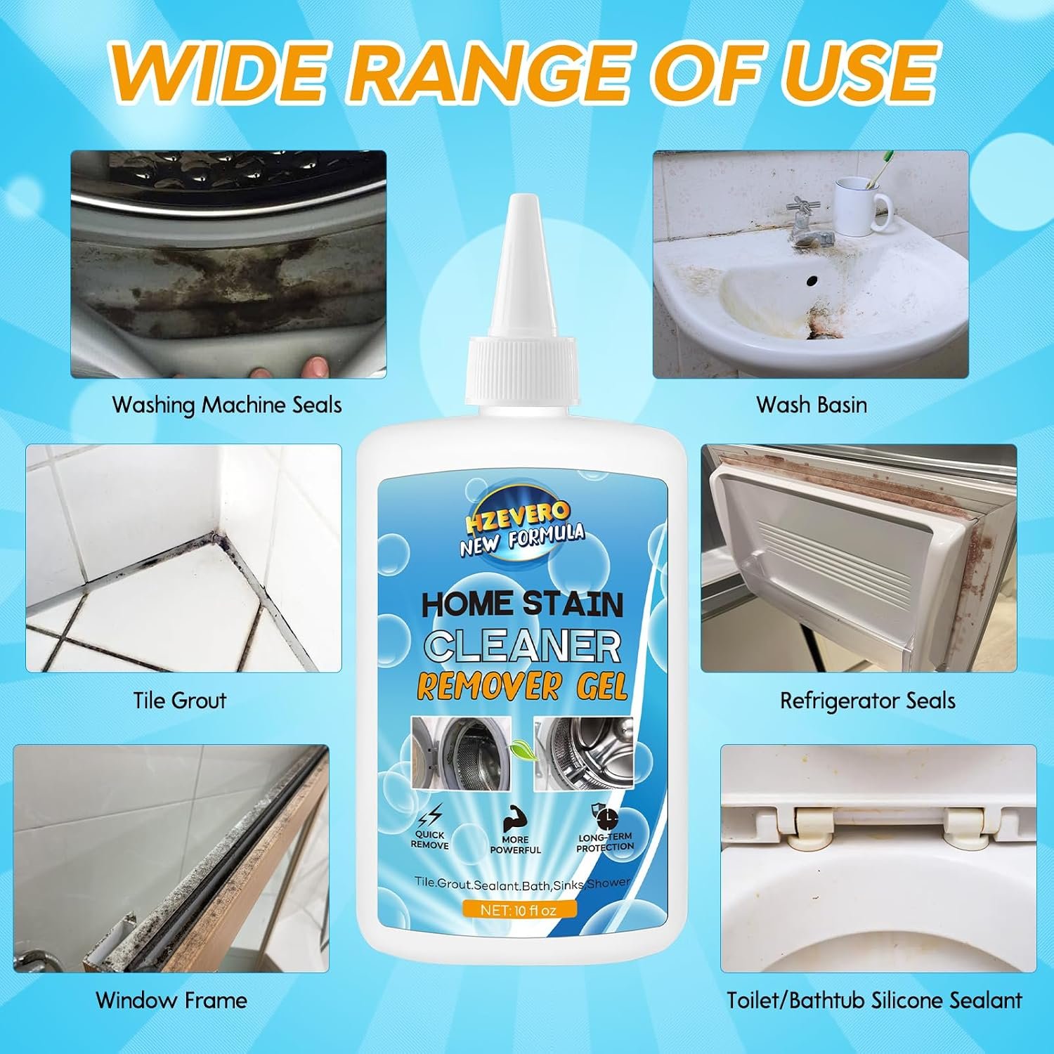 Mold Stain Remover Gel, Washing Machine Gasket Cleaner for Front Loader Washer Rubber Seal Home Stain Removal Gel for Grout, Caulk, Refrigerator, Shower, Bathtub, Bathroom Cleaning Solution (10 Fl Oz) - Image 2