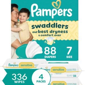 Pampers Swaddlers Disposable Baby Diapers Size 7, One Month Supply (88 Count) with Sensitive Water Based Baby Wipes 4X Pop-Top Packs (336 Count) [Packaging May Vary]