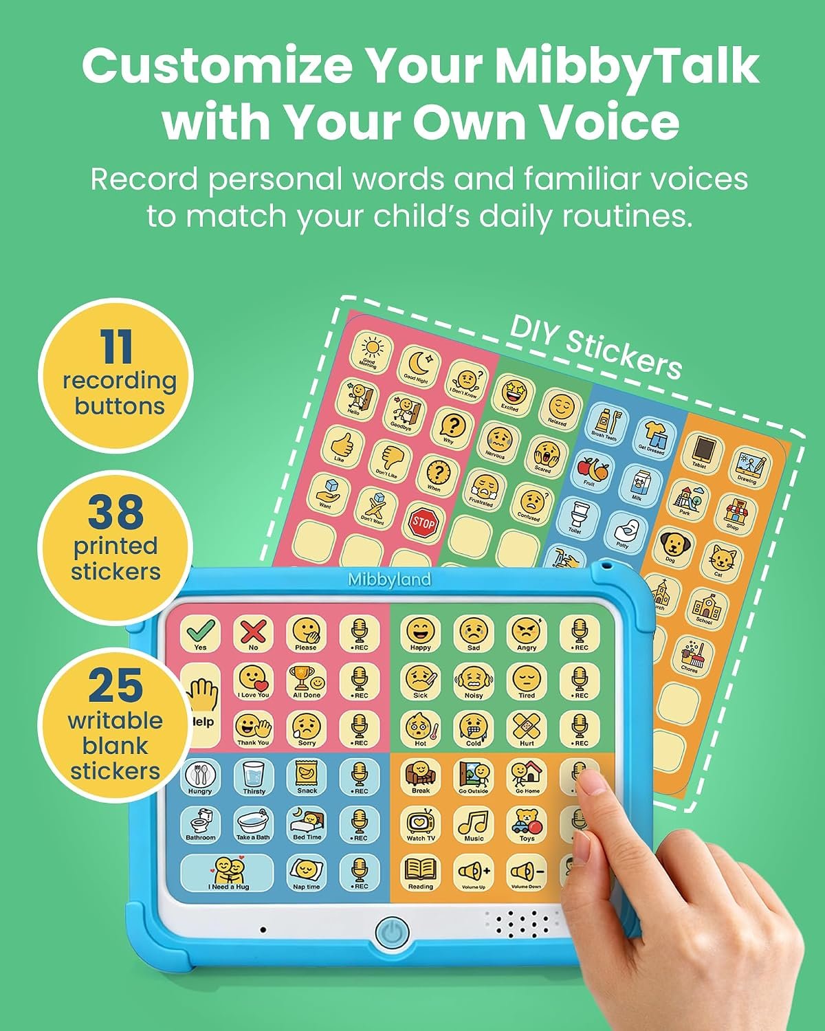 MibbyTalk AAC Device for Autism & Nonverbal Kids and Adults, Communication Tool for Home & School Use and Speech Therapy – 32 Preset Buttons, 11 Recordable Buttons with Stickers, Silicone Case, Blue - Image 6