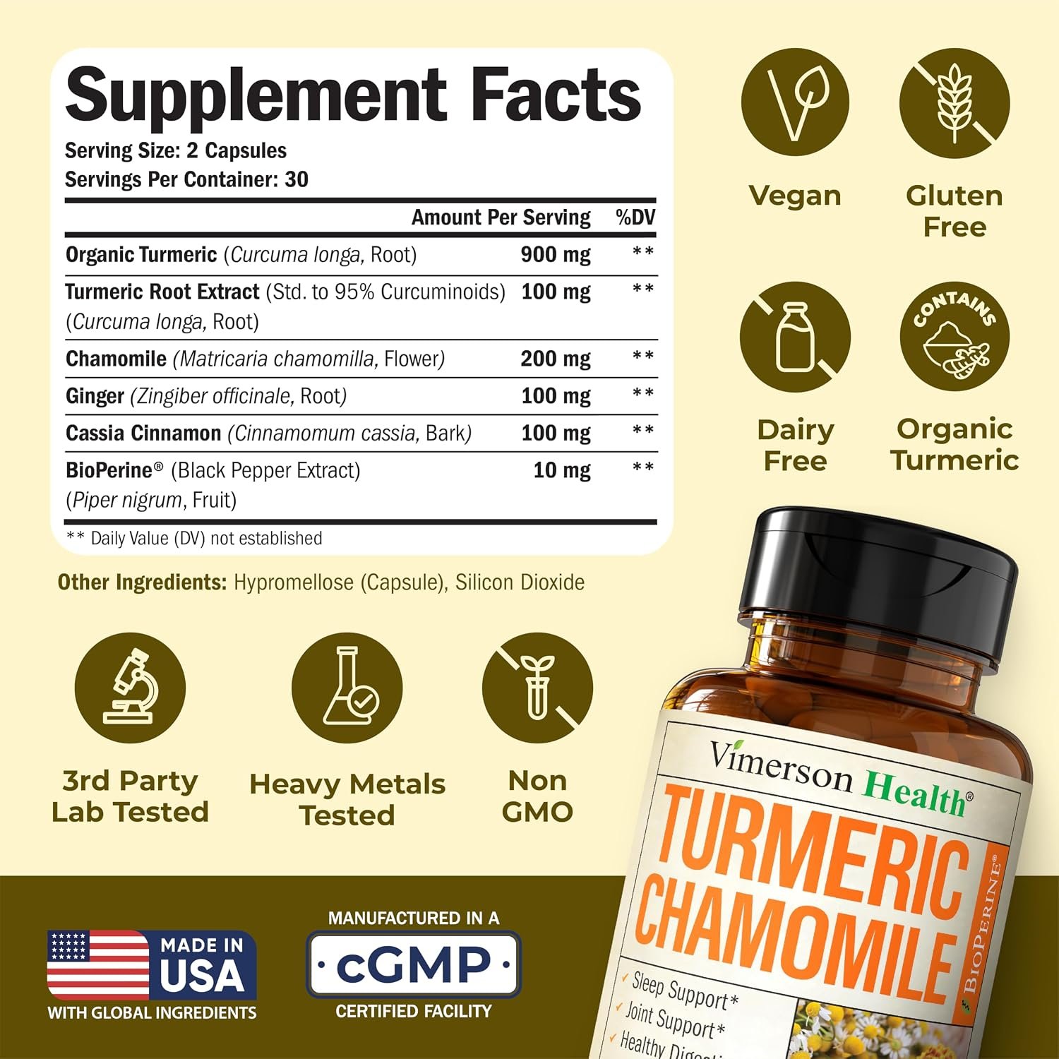 Turmeric Supplement & Chamomile Capsules for Sleep - Organic Turmeric Sleep Supplement with Chamomile Flowers Extract (Manzanilla) - Relaxation & Stress Support - Joint & Digestive Health. 60 Capsules - Image 3