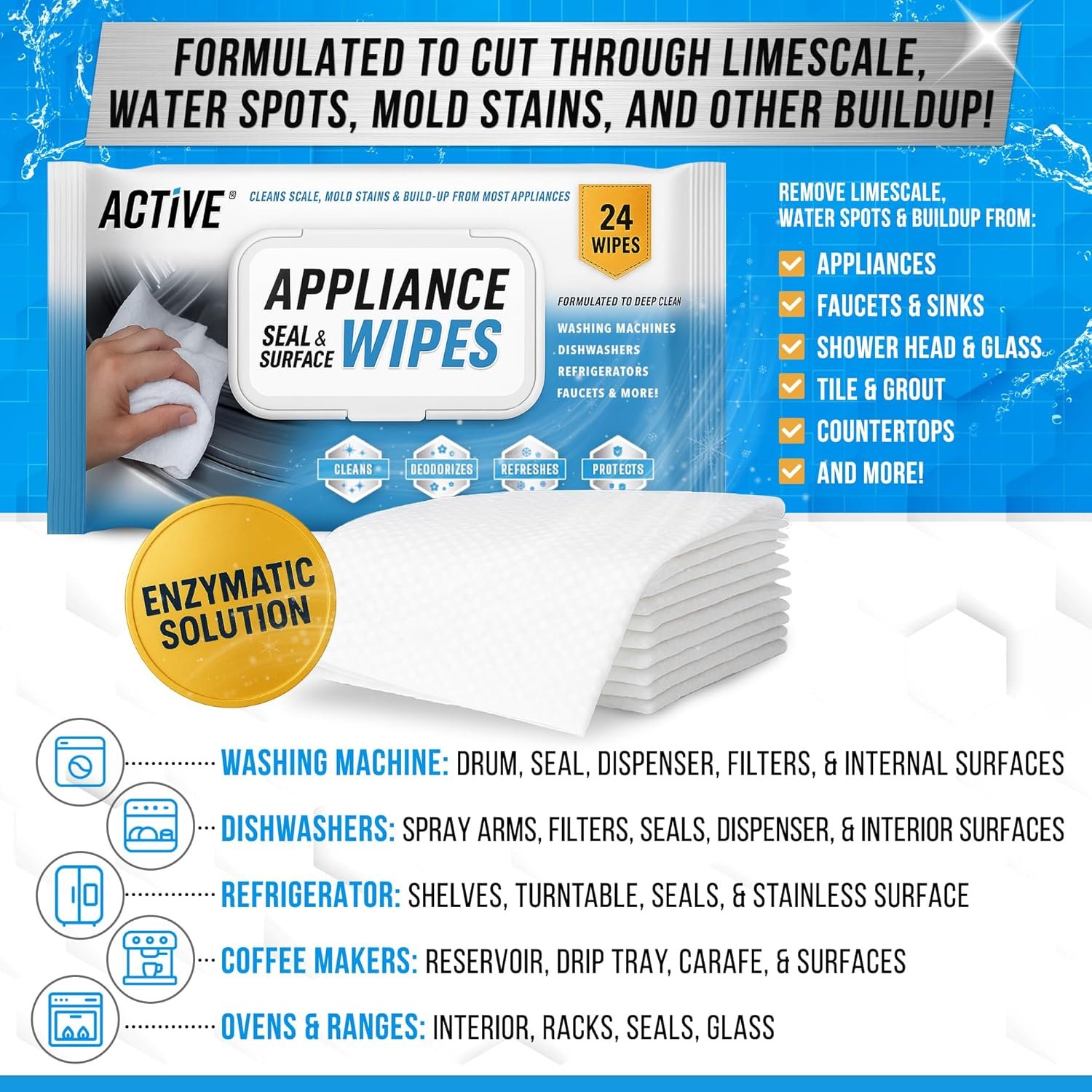 ACTIVE Home Appliance Surface Cleaner Wipes Heavy Duty Wipe for Cleaning Washing Machine, Dryer Stainless Steel Refrigerator, Glass Cooktop, Microwave, Dishwasher, Counter, Tile - 24 Large Wipes - Image 2
