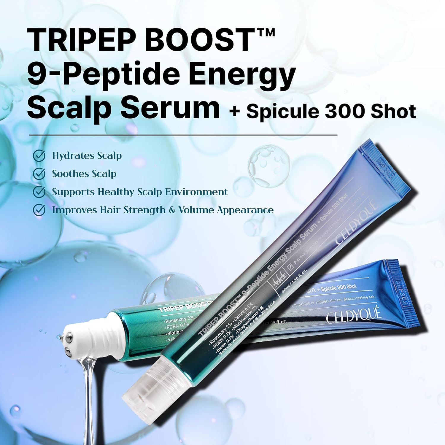 9-Peptide Hair Growth Scalp Care Serum 1.35 Oz(2X Size) - Rosemary 2% Caffeine 1% PDRN & Spicule 300 Roll-On Type | Thicker Fuller-looking Hair w/Niacinamide Zinc PCA | Thinning hair Korean Haircare - Image 3