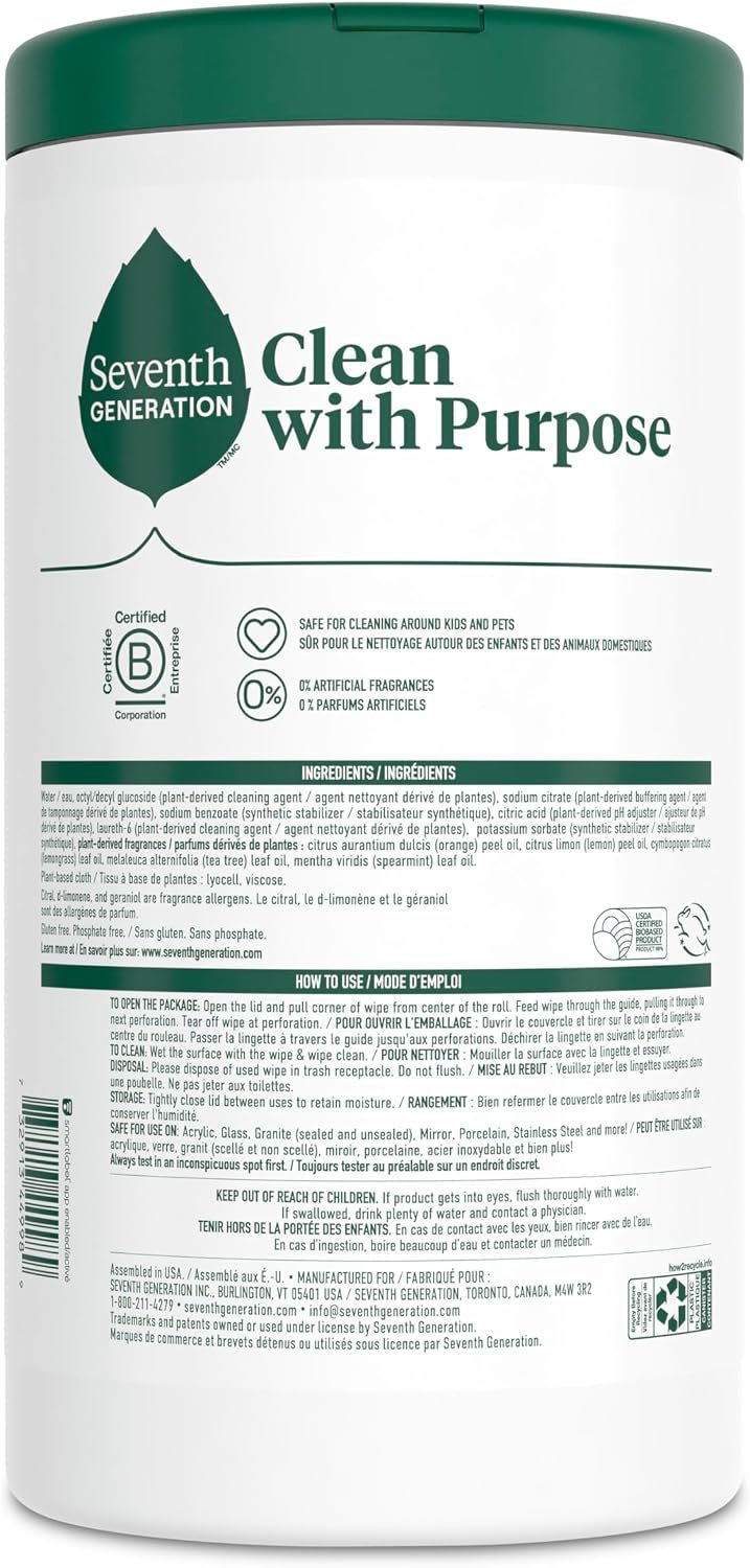 Seventh Generation Multi Surface Wipes, Pack of 3, for all purpose cleaning, lemon zest scent with 100% essential oils and botanical ingredients, 70 ct each - Image 2