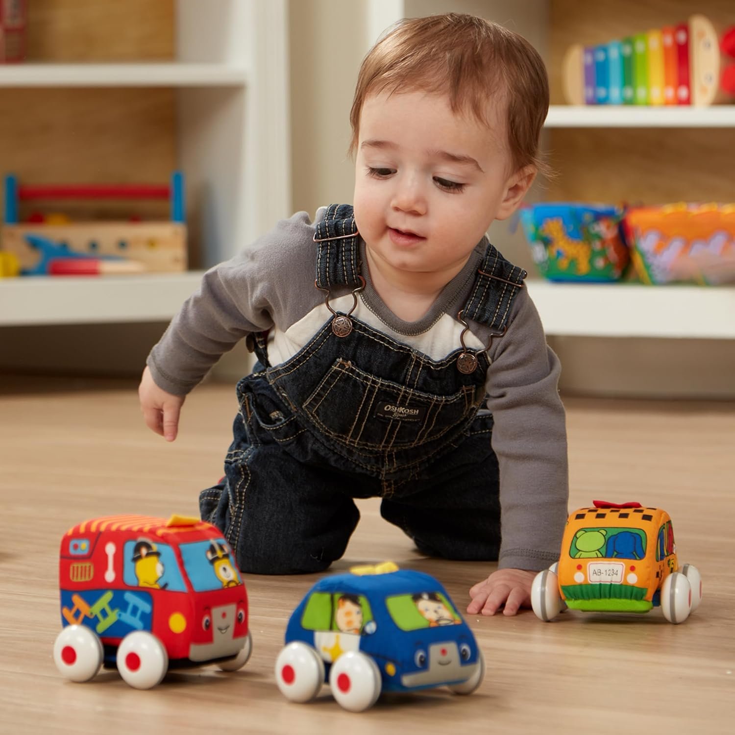Melissa & Doug K's Kids Pull-Back Town Vehicle Set - Baby Toys Set with 4 Soft Toy Cars and Trucks, Surface Washable with Removable Wheels, Learning Toys for Babies and Toddlers - Image 6