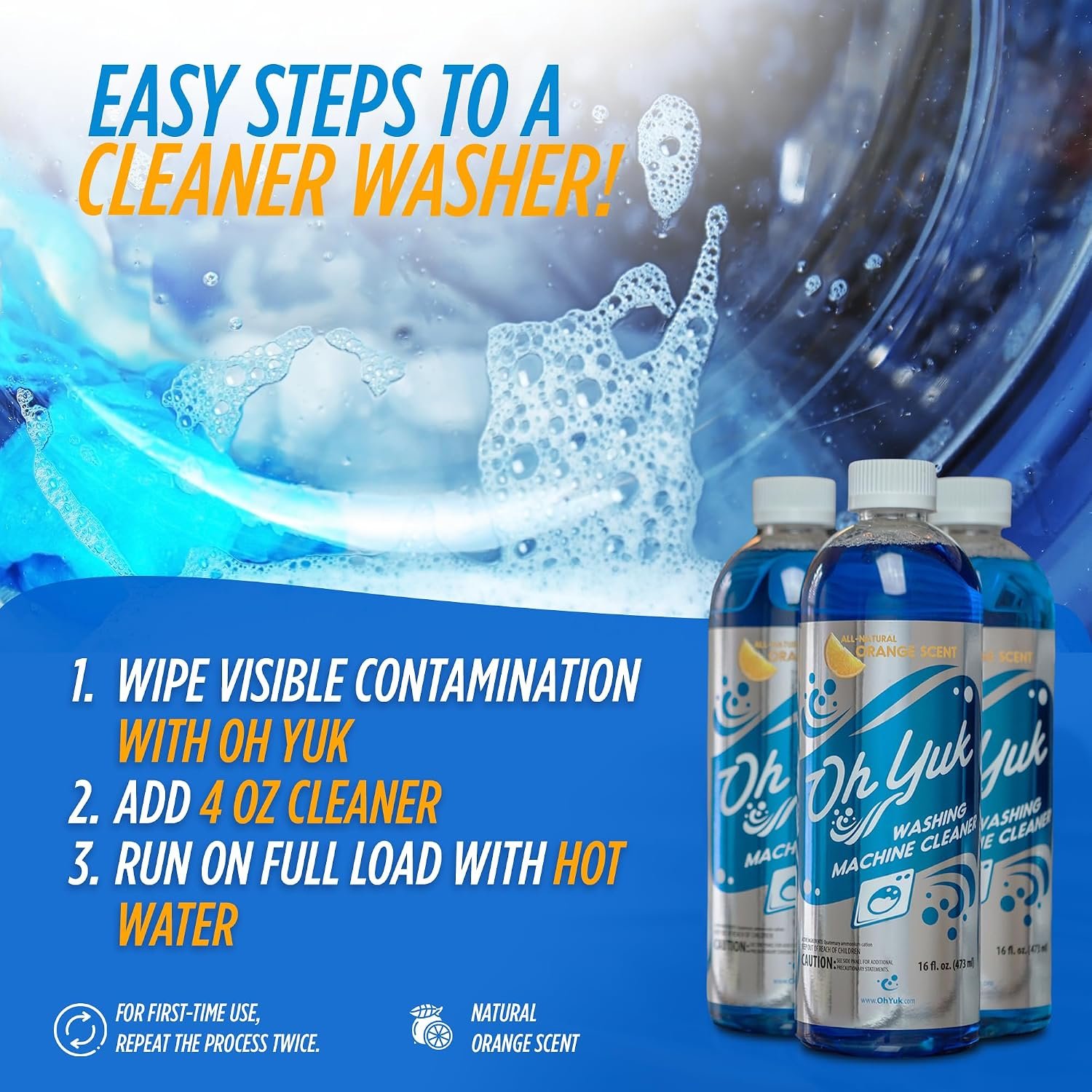 Oh Yuk Washing Machine Cleaner For All Washers (Top Load, Front Load, HE and Non-HE), Natural Citrus Fragrance, Four Cleanings Per Bottle, Septic Safe, 16 Fl Oz - Image 5