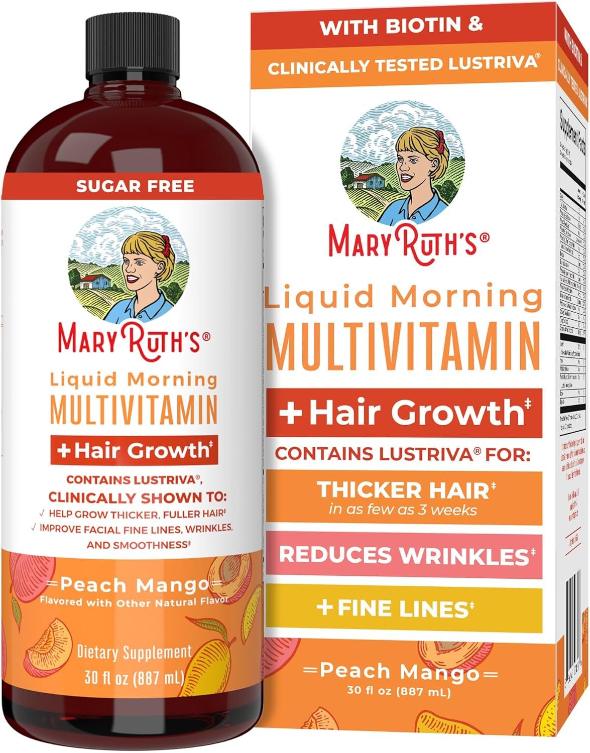 MARYRUTH'S Liquid Multivitamin + Hair Growth | Clinically Tested in Women for Thicker Hair & Facial Wrinkles | Biotin 10000mcg | Lustriva Hair Growth Supplements | Skin Care | Ages 18+ | 30 Fl Oz