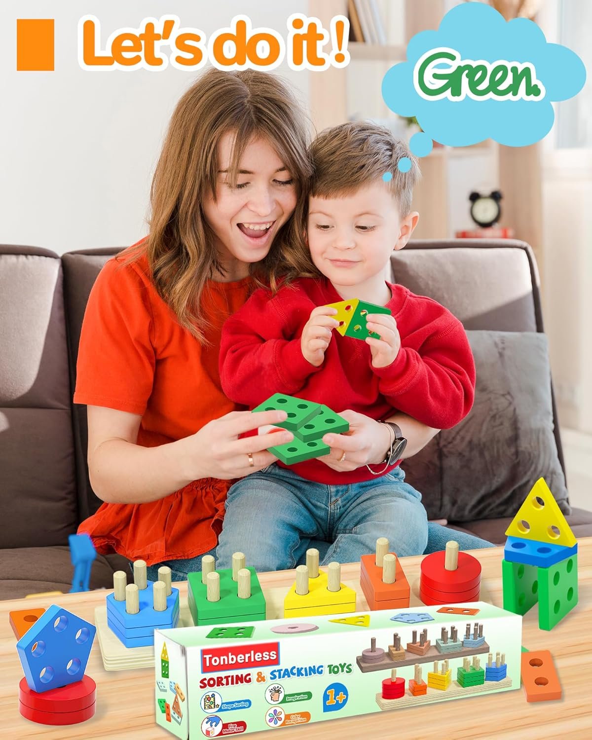 Tonberless Montessori Toys for 1 2 3 Year Old Boy Girl, Toys for Ages 2-4 Toddlers Kids Baby, 1 2 Year Old Boy Girl Birthday Gifts, Wooden Learning Puzzles Shape Sorter Toys for Toddlers 1-3 - Image 2