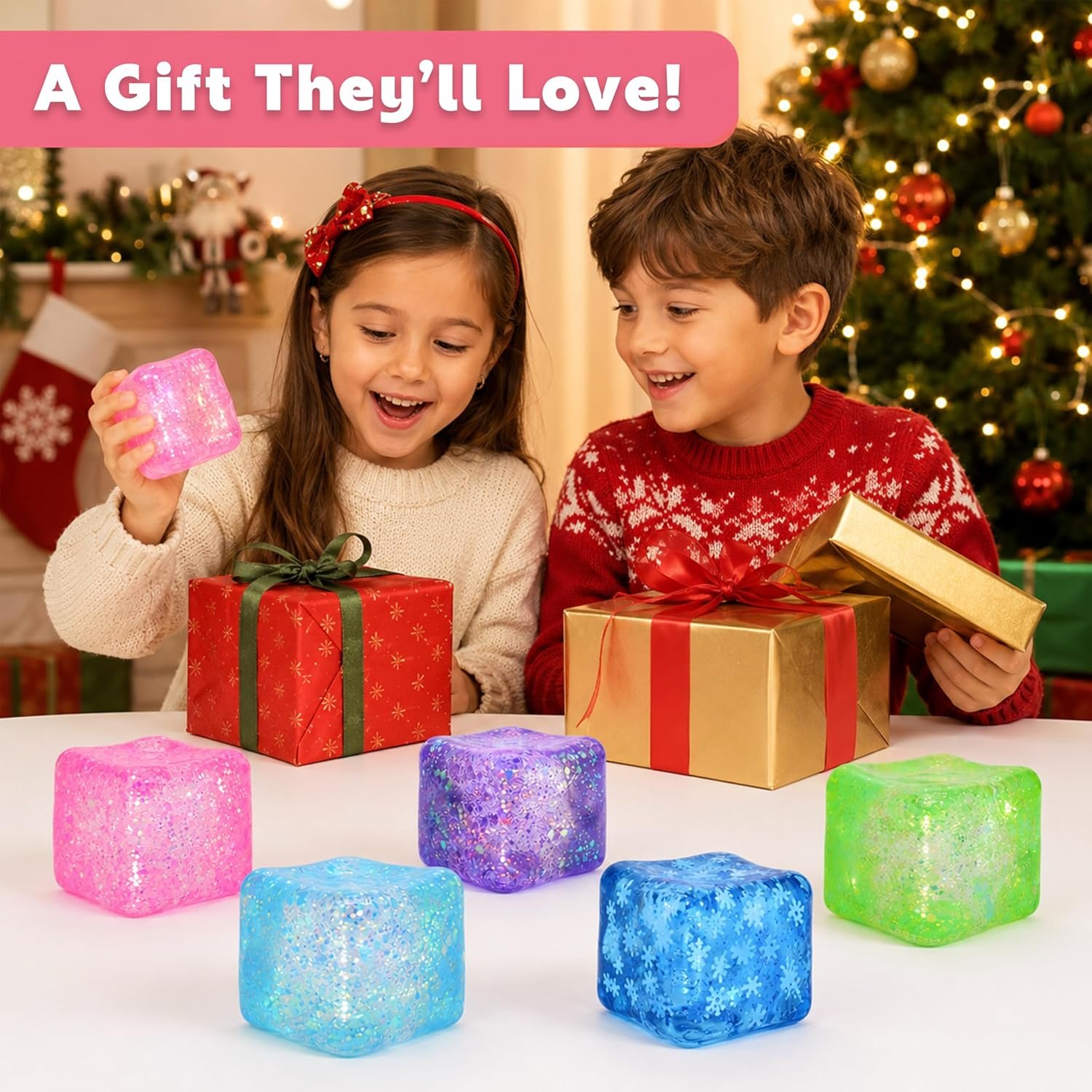 Cube Shaped Squeeze Balls, Super Solid Squishy Stress Relief Toys, Glitter Filled Squeeze Toys,Anxiety Relief Toys for Teens & Adults, Desk Fidget Decor (Blue-A) - Image 7