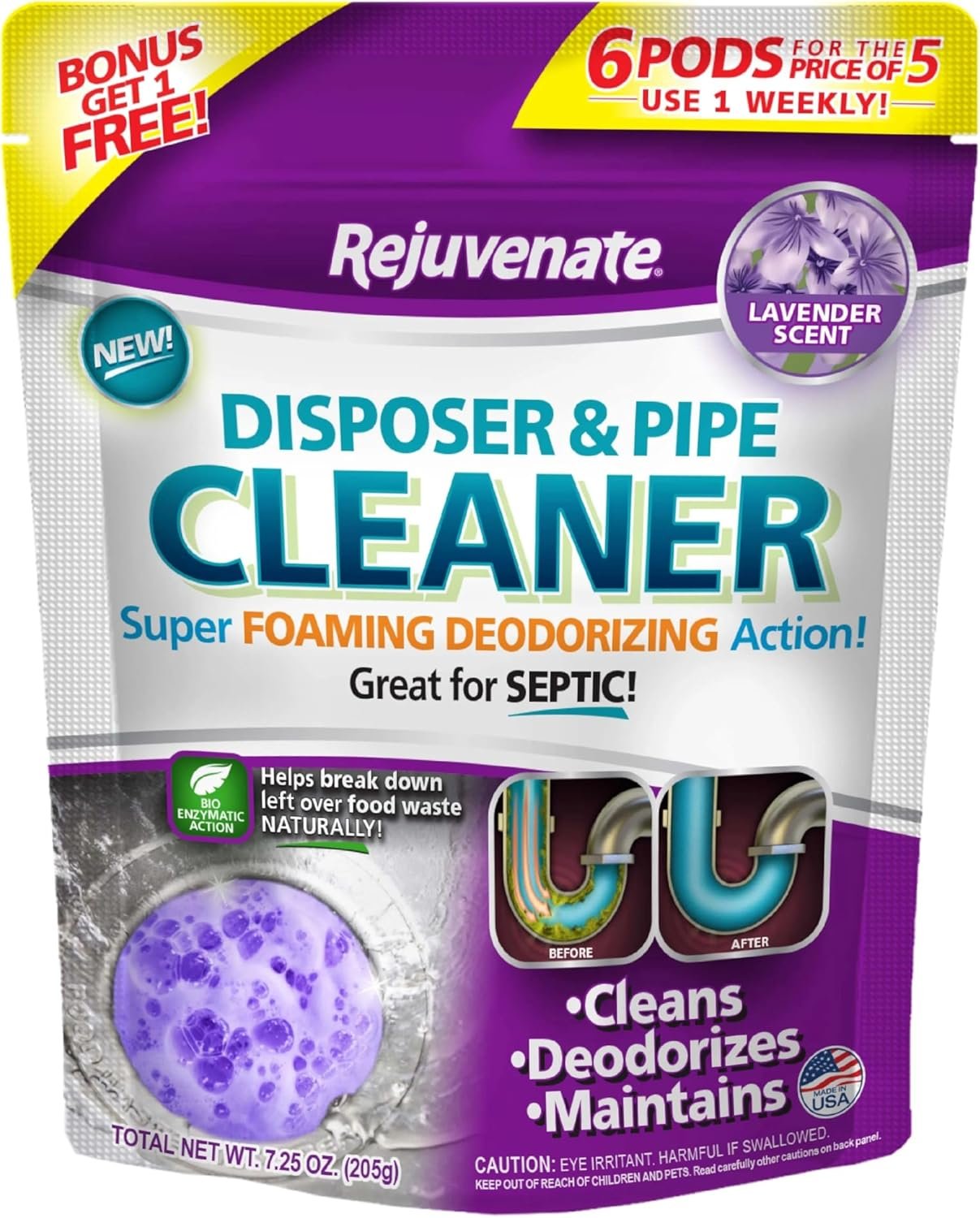Rejuvenate Disposal Cleaner, 6 Pods, Lavender-Scented Disposal and Pipe Cleaner Pods with Bio-Enzymatic Formula Help Break Down Leftover Food Waste and Remove Odors for A Clean, Fresh Disposal