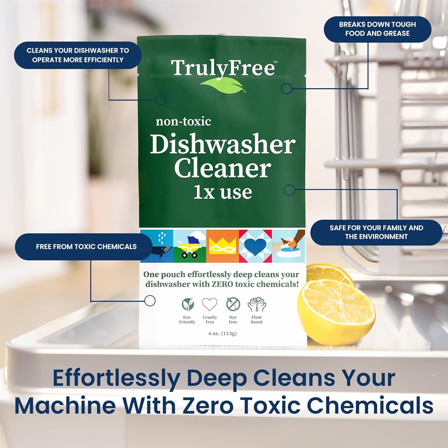 Truly Free Natural Dishwasher Cleaner - Dish Washer Machine Descaler, Fights Grease & Limescale, Hard Water Stain Remover, Smell Eliminator for Clean Dishwashers - Lemon Fresh Scent, 4 oz (Pack of 1) - Image 3