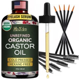Ella & Eden Organic Castor Oil for Eyelashes – 4 Fl Oz Glass Bottle Lash Serum – for Eyebrows, for Hair Growth – Cold-Pressed Hexane-Free USDA Certified 100% Pure Unrefined