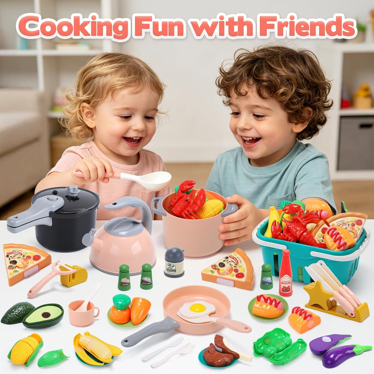 CUTE STONE Kids Kitchen Playset, 45PCS Pretend Cooking Toy Set with Play Pots & Pans, Pressure Cooker, Play Food, Cooking Utensils & Shopping Basket, Toy Kitchen Accessories Gift for Boys Girls - Image 5