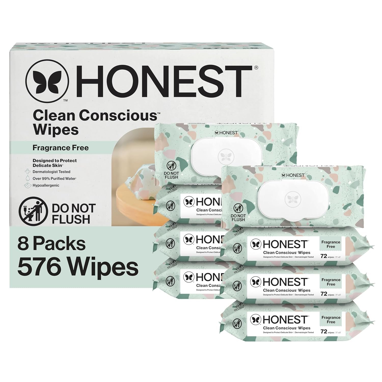 The Honest Company Baby Wipes for Sensitive Skin, Hypoallergenic, Fragrance-Free, Multi-Use, Geo Mood Design, 576 Count (8 Packs of 72)