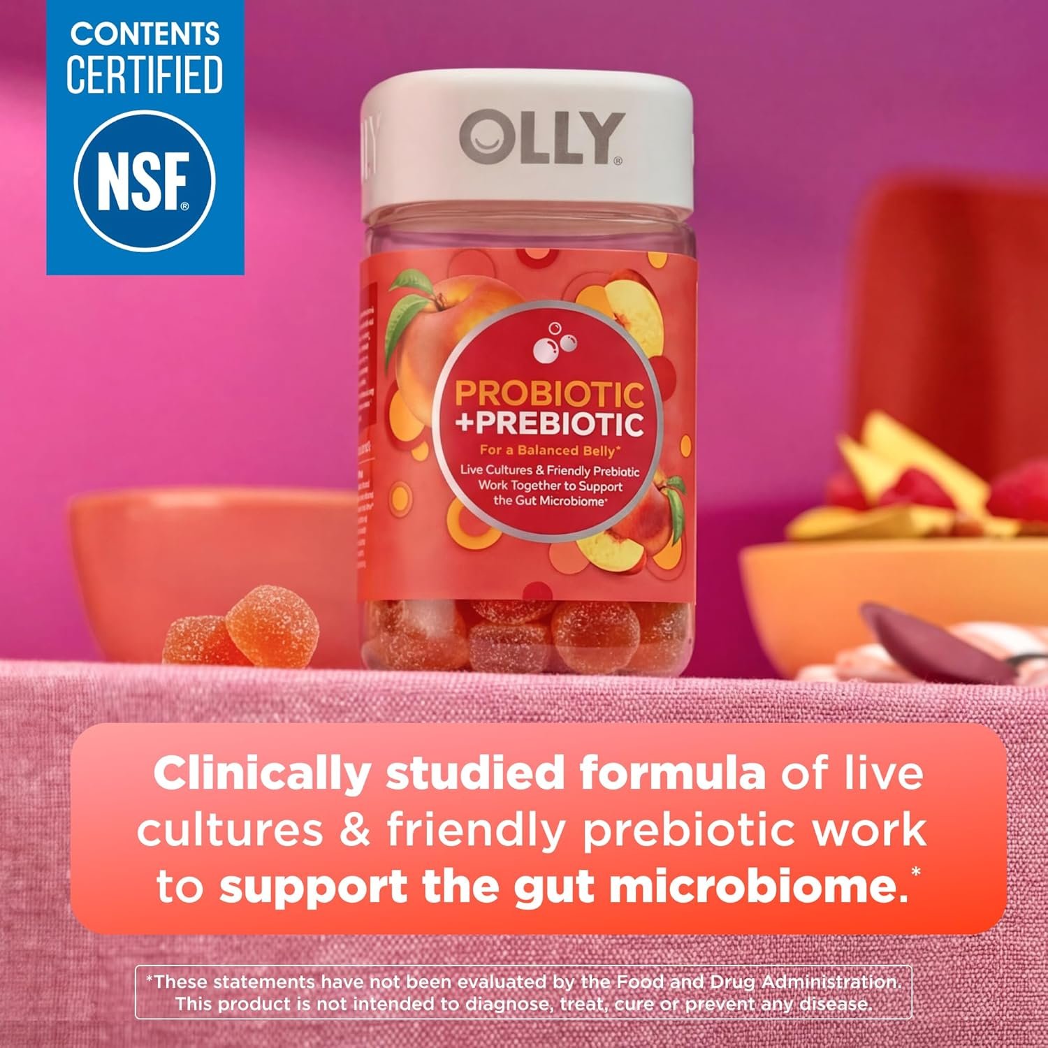 OLLY Probiotic + Prebiotic Gummy, Digestive Support and Gut Health, 500 Million CFUs, Fiber, Adult Chewable Supplement for Men and Women, Peach, 60 Day Supply - 60 Count - Image 2