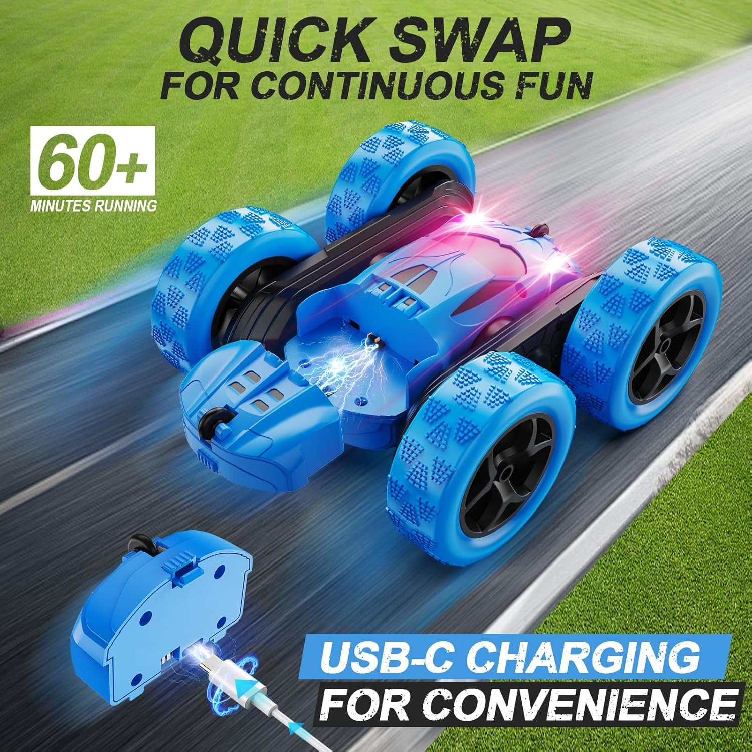 QUNREDA Remote Control Car, RC Cars Toys for Kids Ages 6-12, 4WD Stunt Car with LED Lights & 360° Flips, 2.4GHz, Upgraded USB-C Modular Batteries, 8-10 Year Old Boys Birthday Gift 1-Blue - Image 2