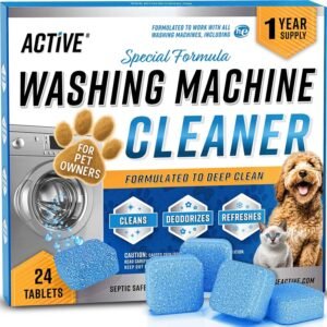 ACTIVE Washing Machine Cleaner for Pet Owners Enzymatic Deep Clean Descaler for Cat & Dog Hair, Urine, Odor, Residue, 24 Septic-Safe Tablets for Top Load, Front Loader, HE Washer Tub – 1 Year Supply