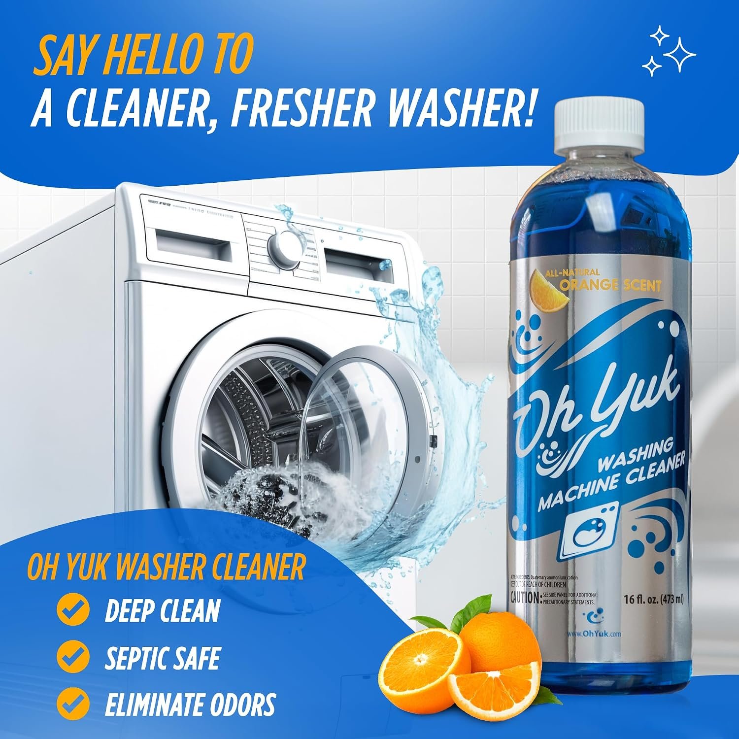 Oh Yuk Washing Machine Cleaner For All Washers (Top Load, Front Load, HE and Non-HE), Natural Citrus Fragrance, Four Cleanings Per Bottle, Septic Safe, 16 Fl Oz - Image 3
