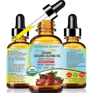 Botanical Beauty Organic JOJOBA OIL 100% Pure Natural VIRGIN UNREFINED Cold-Pressed Carrier Oil 0.5 Fl oz 15 ml for Face, Skin, Body, Hair, Lip, Nails. Rich in Vitamin E, Omega 6, Omega 9