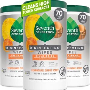 Seventh Generation Disinfecting Wipes, Lemongrass Citrus, 70 Count, 3 Pack, Botanical Multi-Surface Cleaner Kills 99.9% Germs, No Bleach, Plant-Based Formula for Home, Kitchen, Bathroom, Car Interior