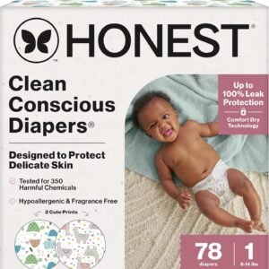 The Honest Company Comfort Dry Disposable Daytime Diapers for Sensitive Skin, Hypoallergenic, All the Alpacas + Turtle Time, Club Box Size 1 (8-14 lbs) 78 Count