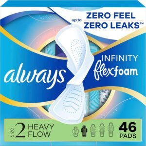 Always Infinity Feminine Pads for Women, Flexfoam Pads with Wings, Size 2, Heavy Absorbency, Unscented, 46 Count