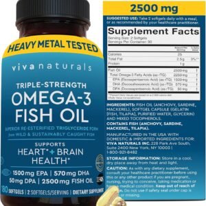 Triple Strength Omega 3 Fish Oil Supplement for Men and Women – 2500 mg High-Potency, Easy-to-Absorb Re-esterified Triglyceride Form, Pescatarian-Friendly DPA EPA DHA Omega 3 Supplement, 180 Softgels