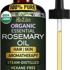Ella & Eden Organic Rosemary Oil For Hair Growth – 2 Fl Oz, USDA Certified, 100% Pure, Steam-Distilled, USA Made, Hexane-Free – Rosemary Essential Oil for Skin, Aromatherapy – Glass Bottle