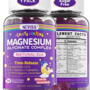 Magnesium Glycinate Gummies for Adults & Kids 4+, Sugar Free Magnesium Bisglycinate Supplement 400/200mg with B6D3, L-Theanine for Sleep & Relaxation, Brain, Muscle, Melatonin Free Gummies,1Pack