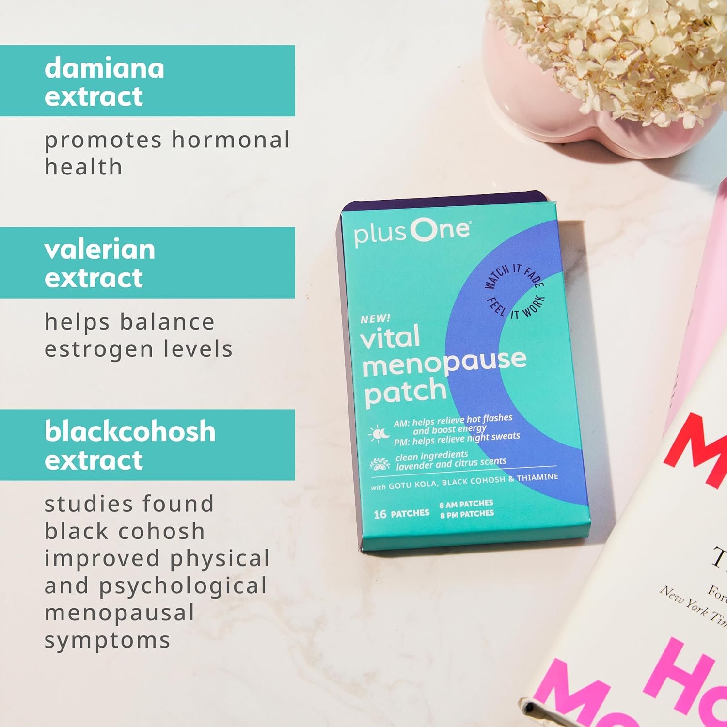 plusOne Vital Menopause Patches AM & PM – Hot Flash & Night Sweat Support – Promotes Energy & Sleep – Herbal Arjuna Daily Patches – 16ct | Herbal Arjuna Daily Patches, Promotes Energy & Sleep - Image 4