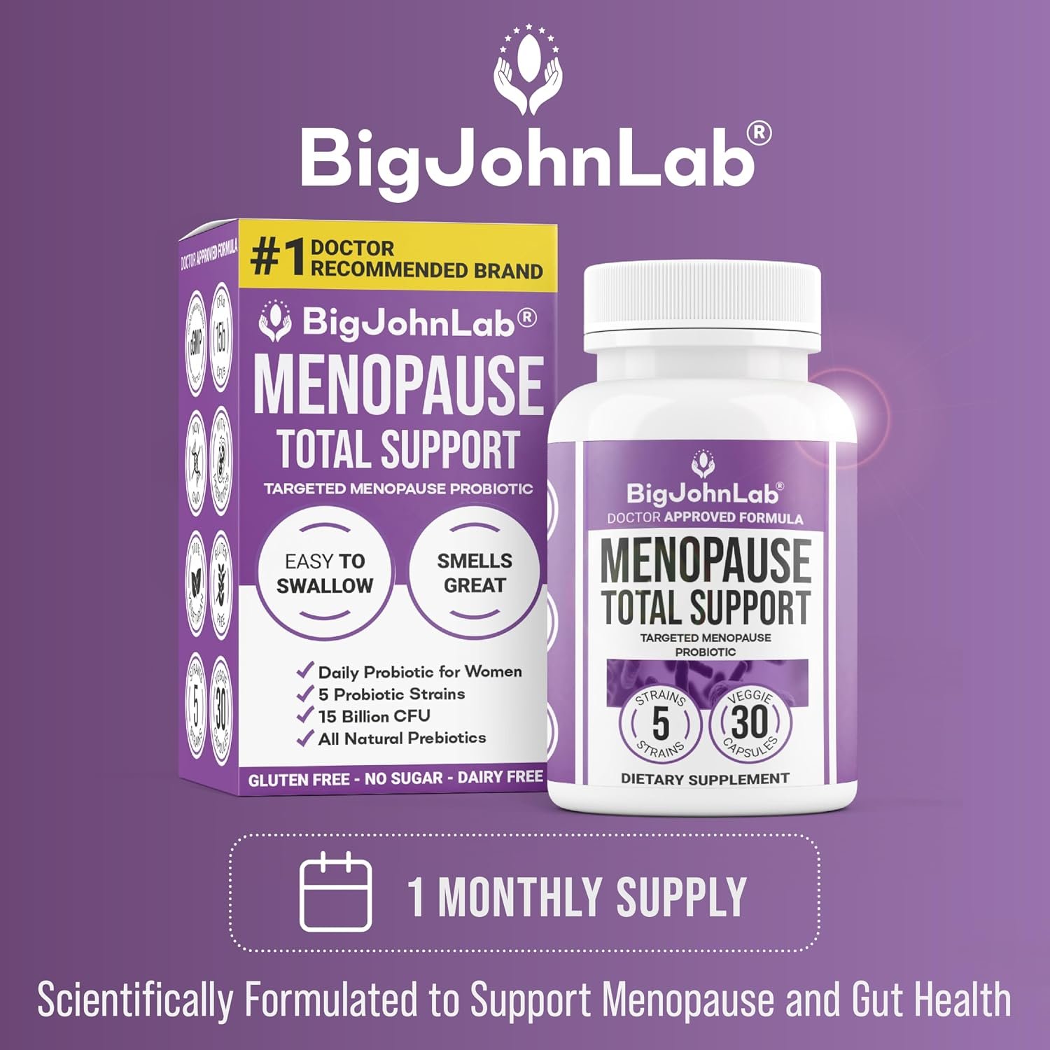 BIGJOHNLAB® - Menopause Total Support – Advanced Probiotic Formula with 5 Strains & 15 Billion CFU, Resveratrol, Black Cohosh, Acacia Fiber, Non-GMO & 100% Vegetarian - Image 2
