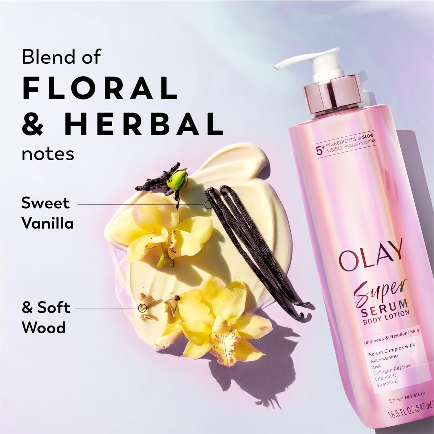 Olay Super Serum Hand & Body Lotion for Dry Skin, 24hr Long Lasting Hydration, 5+ Ingredient Complex for Bright Even Firm Luminous Skin, Sweet Vanilla & Soft Wood Scent, 18.5 fl oz - Image 11