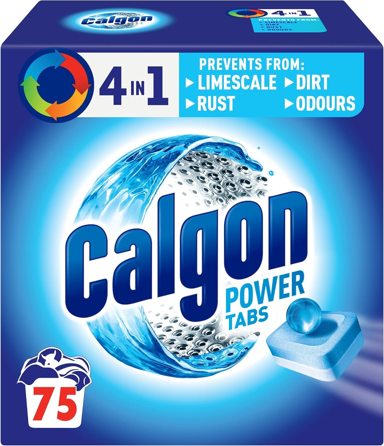 Calgon 4-in-1 Washing Machine Cleaner and Water Softener Tablets, 75 Count, Removes Limescale, Residue, Dirt, Rust & Malodours, Deep Clean, XL Pack Size
