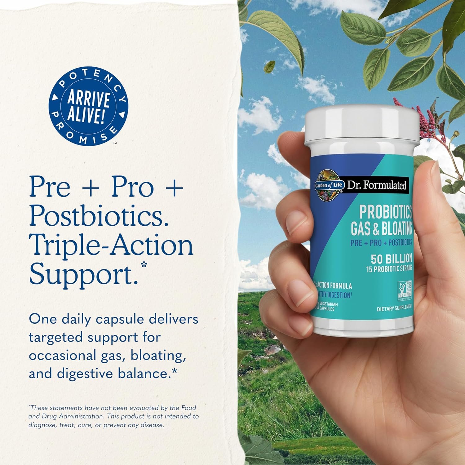 Garden of Life Dr. Formulated Pre, Post & Probiotics Gas & Bloating Once Daily 3-in-1 Complete Prebiotics, Postbiotics & Probiotics – 50 Billion CFU, Non-GMO, Gluten-Free, 30 Day Supply - Image 7