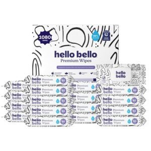 Hello Bello Premium Wipes, Designed for Sensitive Skin with Chamomile & Aloe Extracts, Playful Sketches (18 Resealable Packets = 1080 Total Wipes)