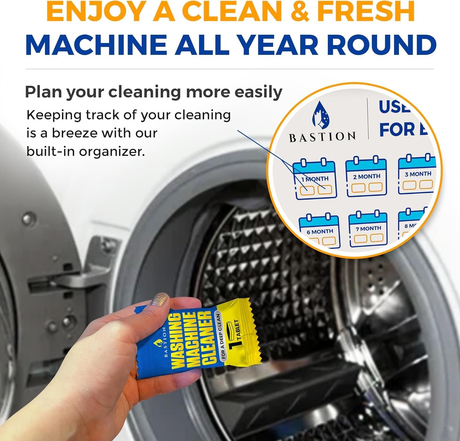 Bastion Washing Machine Cleaner, Deodorizer, & Descaler 6-Pack - Active Deep Cleaning Tablets For HE Front Loader & Top Load Washer, Septic Safe Eco-Friendly - 3 Month Supply - Image 6