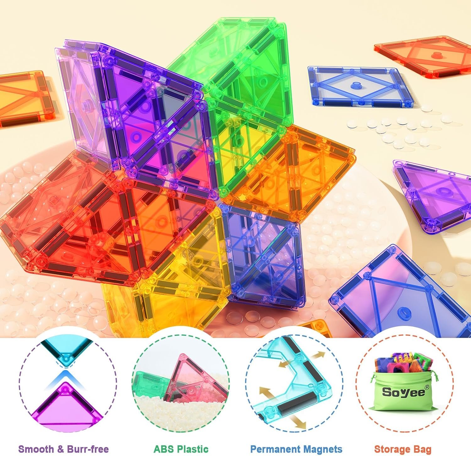 Soyee 102PCS Magnetic Tiles Building Blocks Stem Toys for 3+ Year Old Boys Girls Montessori Toys Toddler Kids Gifts Parents Approved Sensory Toys - Image 4