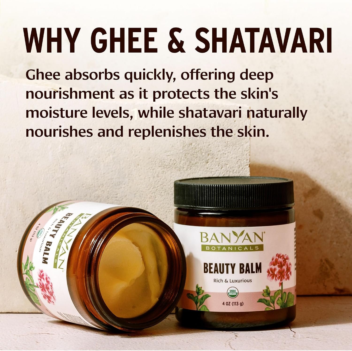 Banyan Botanicals Beauty Balm – Organic Face & Body Moisturizer with Shatavari & Ashwagandha – Rich Night Cream, Hand & Foot Balm for Dry Skin – Ghee & Coconut Oil Base – 4 oz – USDA Organic - Image 5