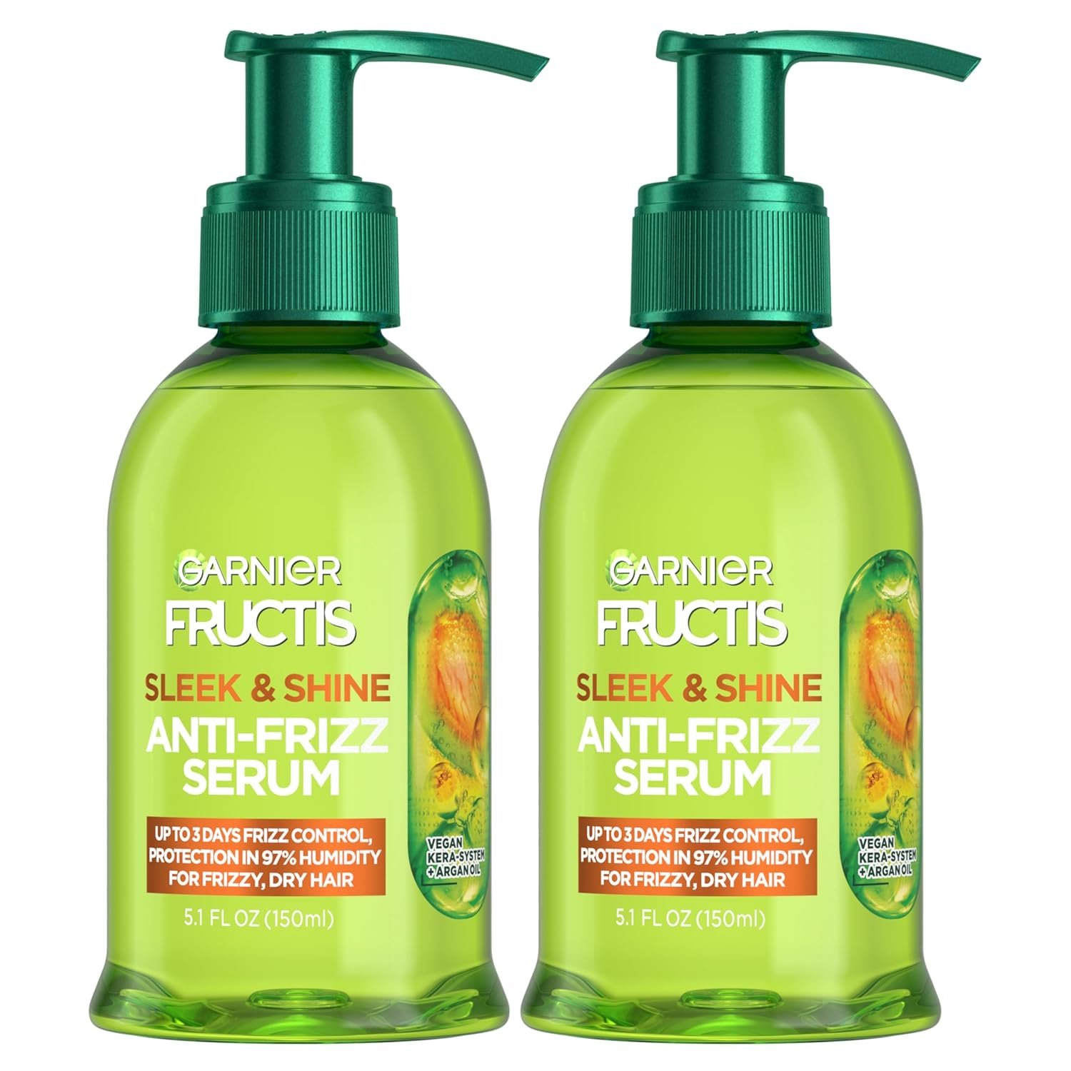 Garnier Fructis Sleek & Shine Anti-Frizz Hair Serum for Frizzy, Dry Hair, Leave-In Argan Oil Infused Formula with Up to 72HRs of Frizz Control, Smooths Flyaways & Boosts Hair Shine, 5.1 Fl Oz (2 Pack)