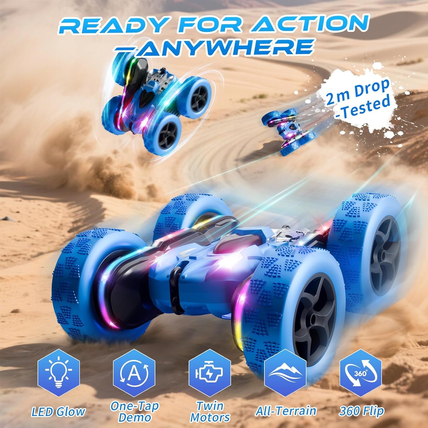 Remote Control Stunt Car 4WD 360° Flip Double‑Sided RC Cars, LED Light Bar, USB‑C Modular Battery, 2.4 GHz Outdoor Beach Toy for Boys 6‑12 Years Old, Birthday & Christmas Kids Gift, Blue - Image 4