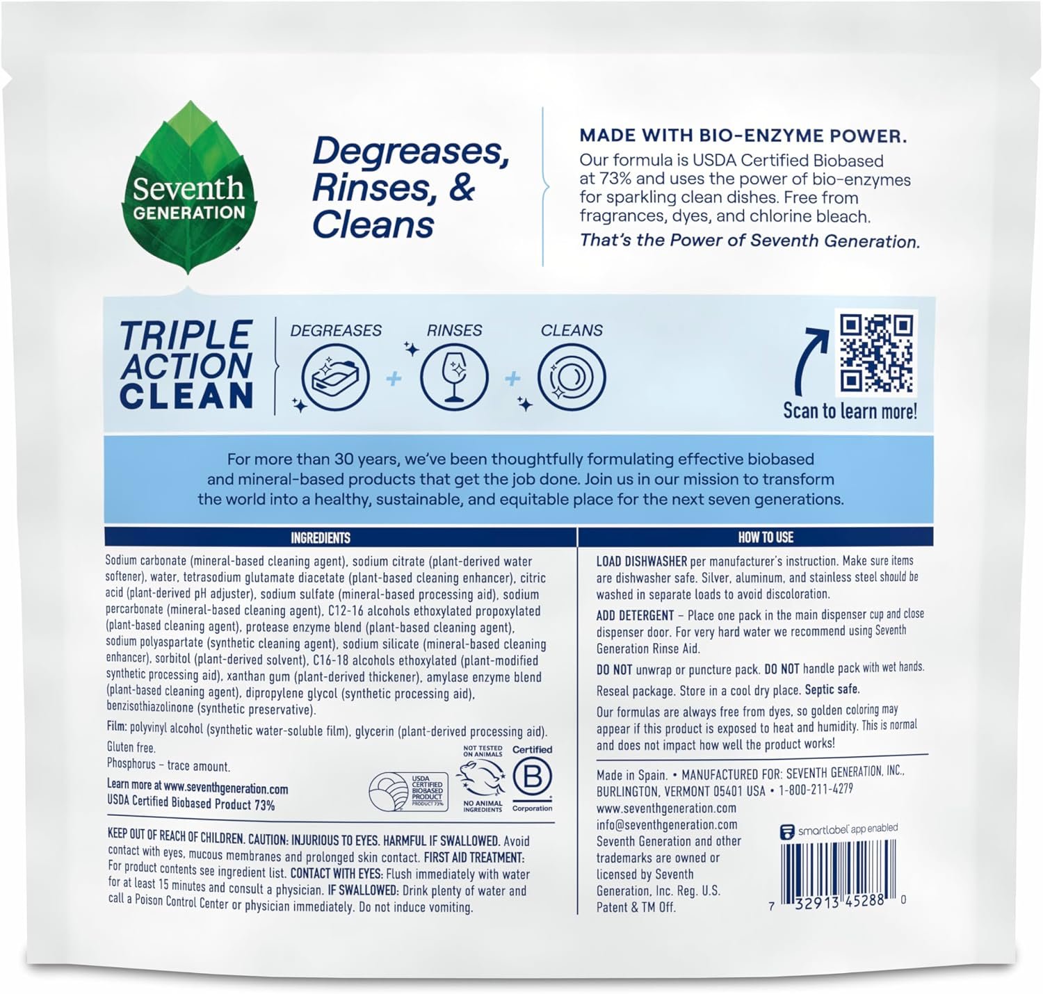 Seventh Generation Triple Action Clean Dishwasher Detergent Packs 1 pack Free & Clear For de-greasing and cleaning even the toughest food messes Fights 48-hr stuck-on food 8.9 oz - Image 2